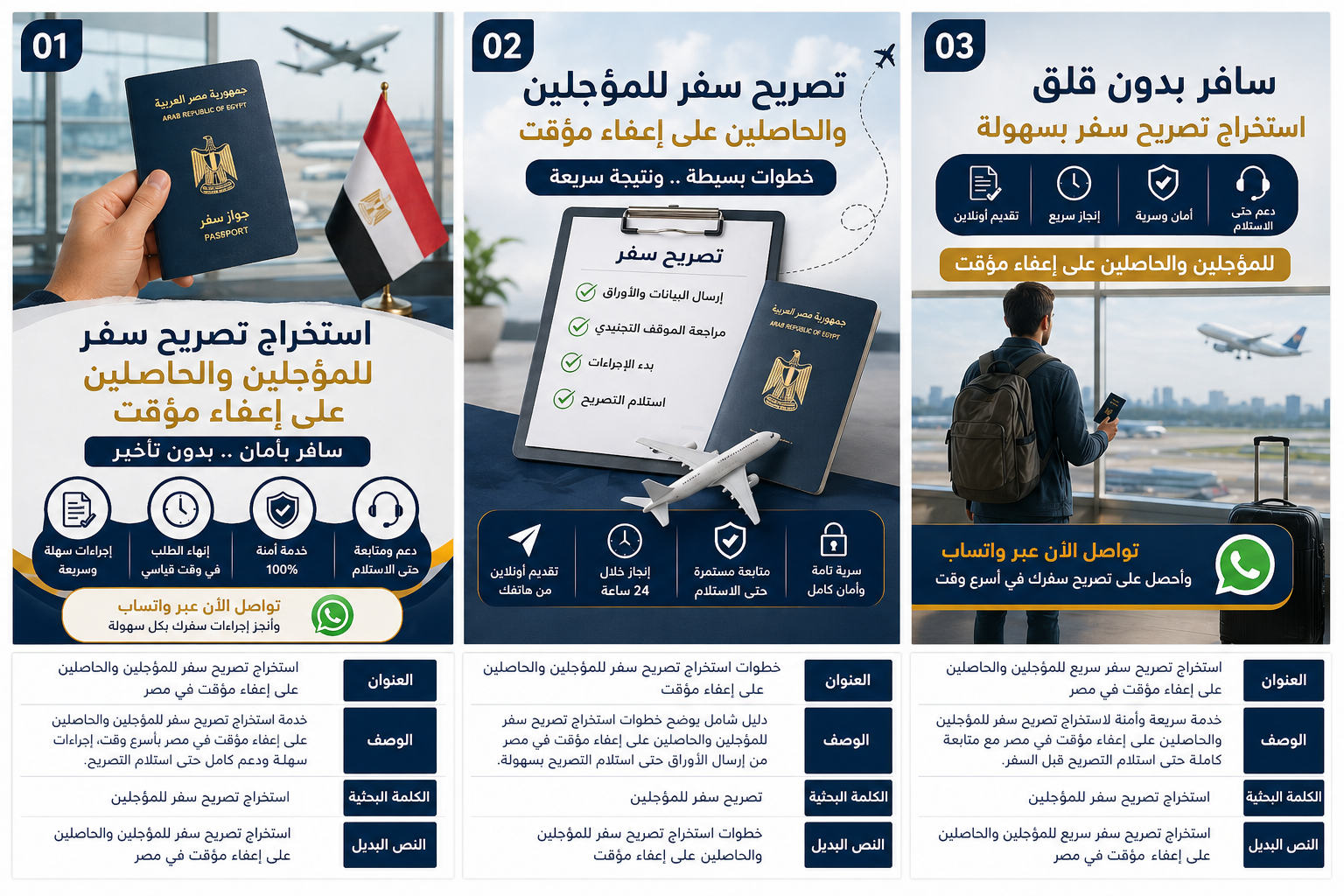 تصميم يوضح استخراج تصريح سفر للمؤجلين والحاصلين على إعفاء مؤقت في مصر مع خطوات التقديم السريع عبر الإنترنت.